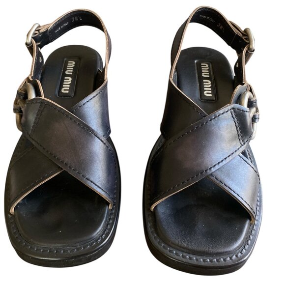 Miu Miu Leather Bleached Sandals Black Excellent Condition Size 38 1/2 - Picture 2 of 9
